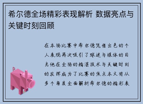 希尔德全场精彩表现解析 数据亮点与关键时刻回顾